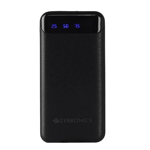 ZEBRONICS MB10000S4 Power Bank, 10000 mAh, 12W, Dual USB Output, Type C & Micro USB Input, Built in Protections, Percentage LED Display, Included USB to Type C Cable, Made in India(Black)ZEBRONICS MB10000S4 Power Bank, 10000 mAh, 12W